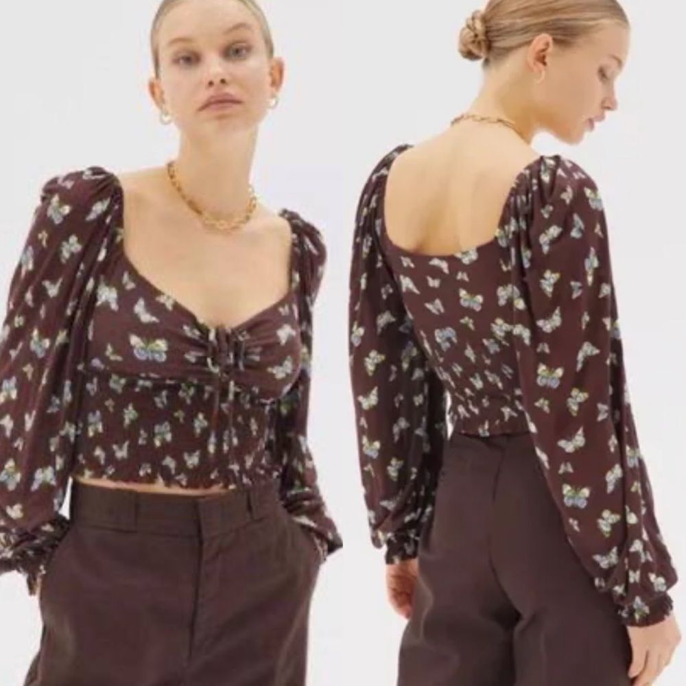 Urban outfitters butterfly print smocked balloon sleeve‎ blouse